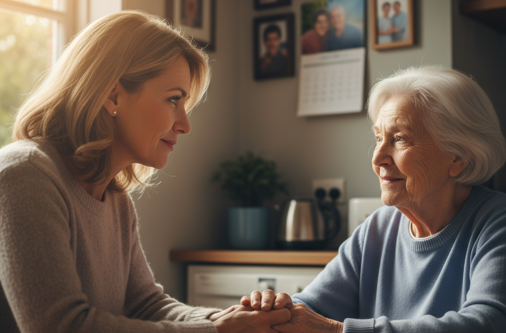Daughter holding elderly mothers hands in caring moment