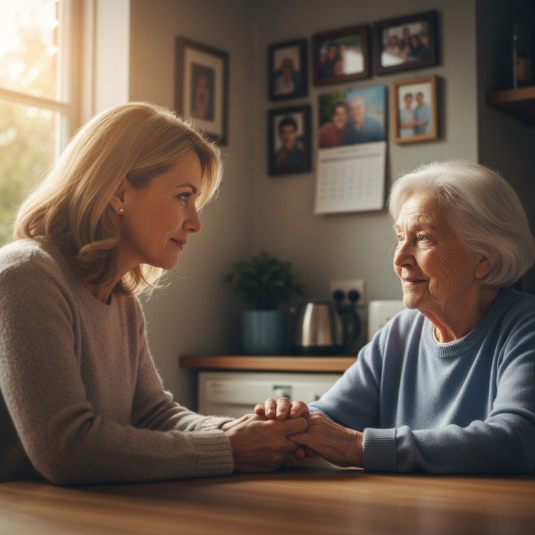 Daughter holding elderly mothers hands in caring moment