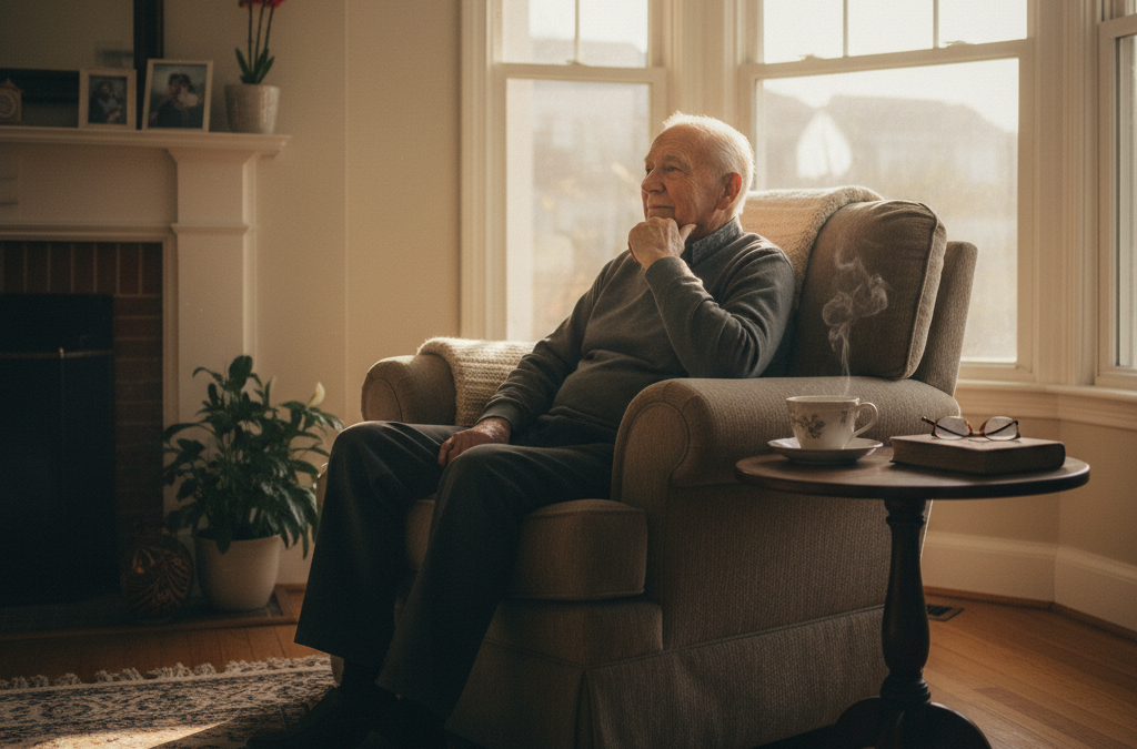 Elderly man sitting alone looking out window pensively