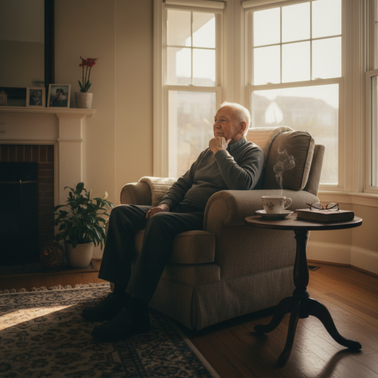 Elderly man sitting alone looking out window pensively