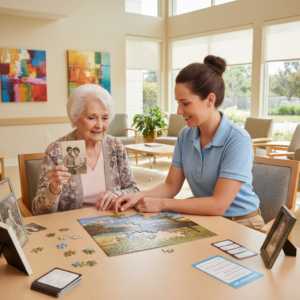 Caregiver helping elderly woman with memory activity