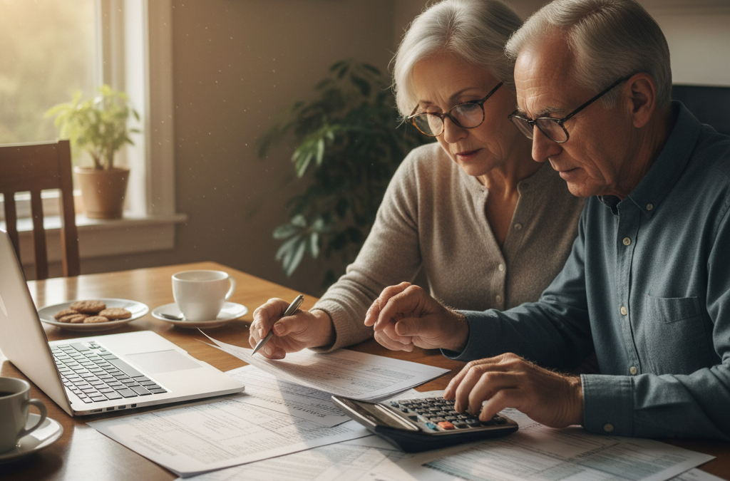 Senior couple reviewing tax documents at home