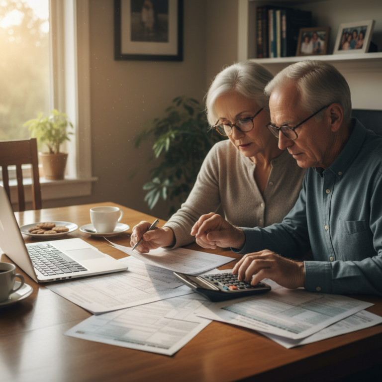 Senior couple reviewing tax documents at home