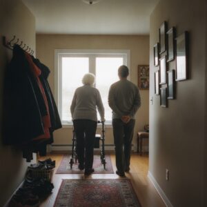 An older woman using a walker in the hallway of her own home, with a support worker beside her