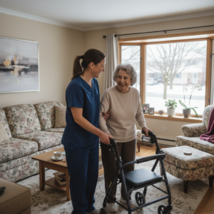 Home care worker helping a senior at home in Canada