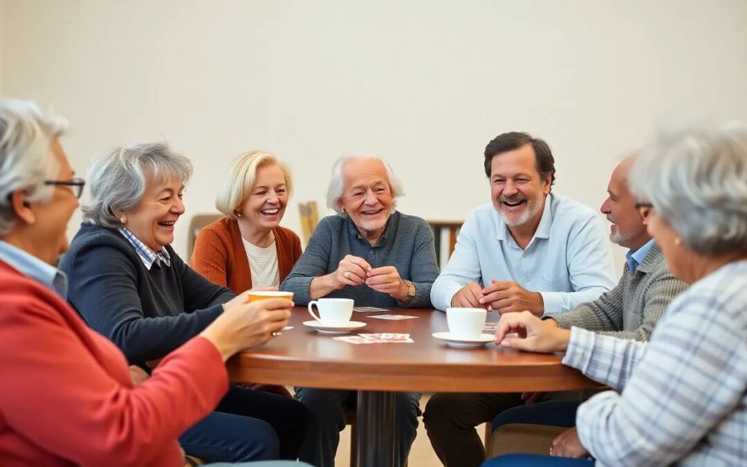 Group of seniors laughing together at community centre