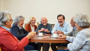 Group of seniors laughing together at community centre