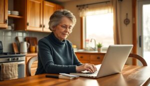 Woman researching home care agencies on laptop at kitchen table