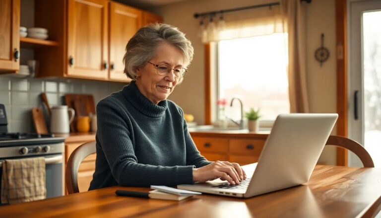 Woman researching home care agencies on laptop at kitchen table