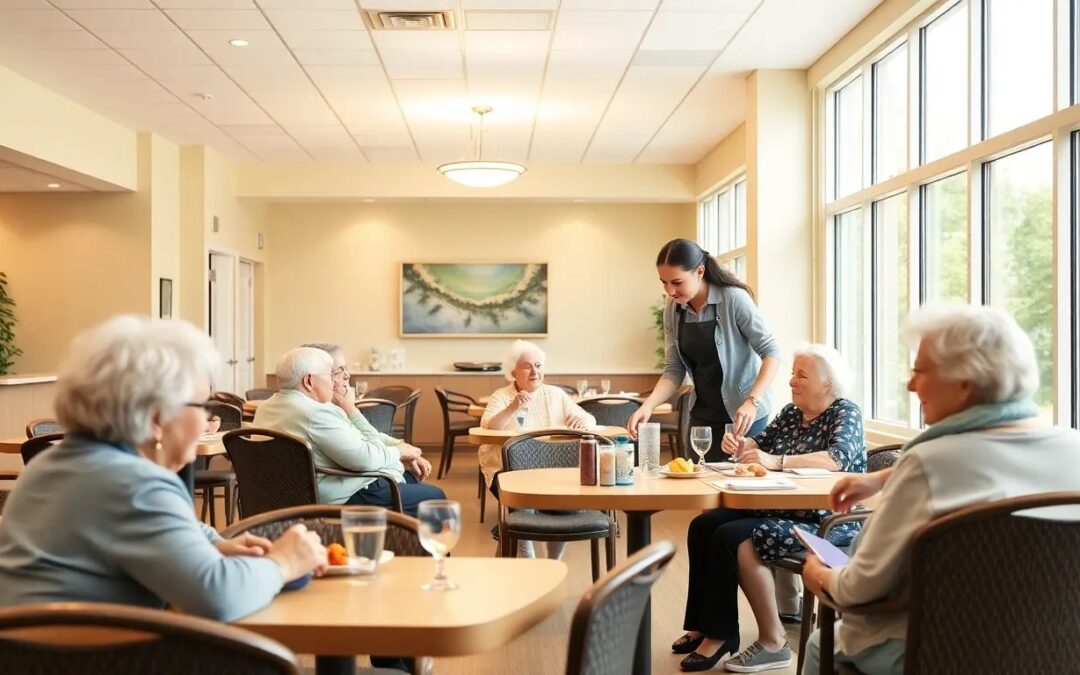 Seniors eating lunch together in assisted living facility