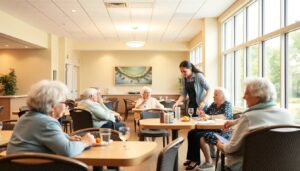Seniors eating lunch together in assisted living facility