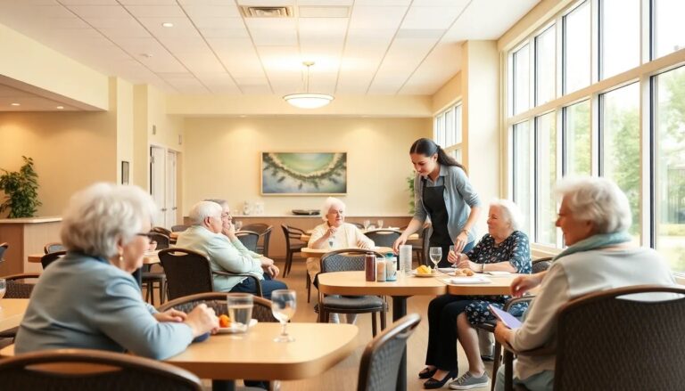 Seniors eating lunch together in assisted living facility