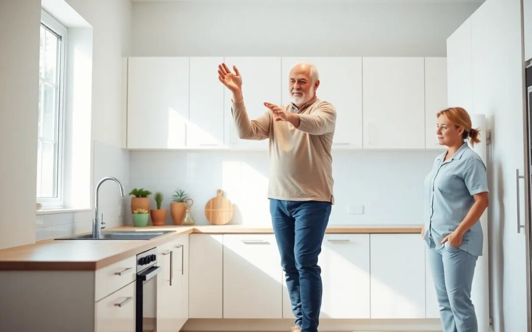 Senior man practicing balance exercise holding kitchen counter