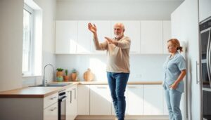 Senior man practicing balance exercise holding kitchen counter