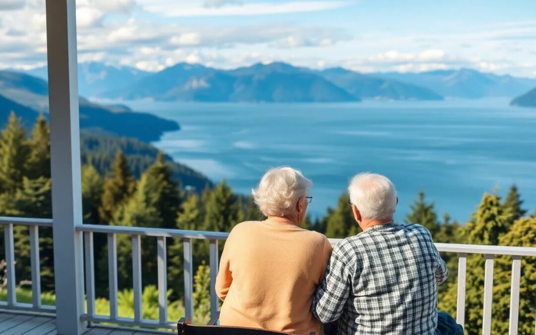 Happy senior couple on porch with British Columbia mountains