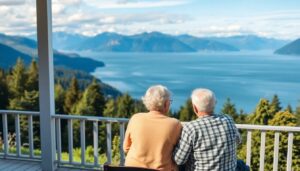 Happy senior couple on porch with British Columbia mountains