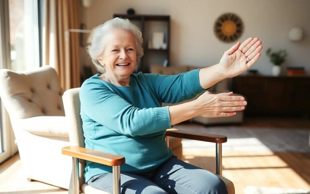 Elderly woman doing seated arm exercises in chair