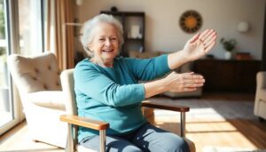Elderly woman doing seated arm exercises in chair