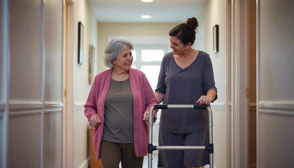 Elderly woman recovering at home with walker and daughter helping