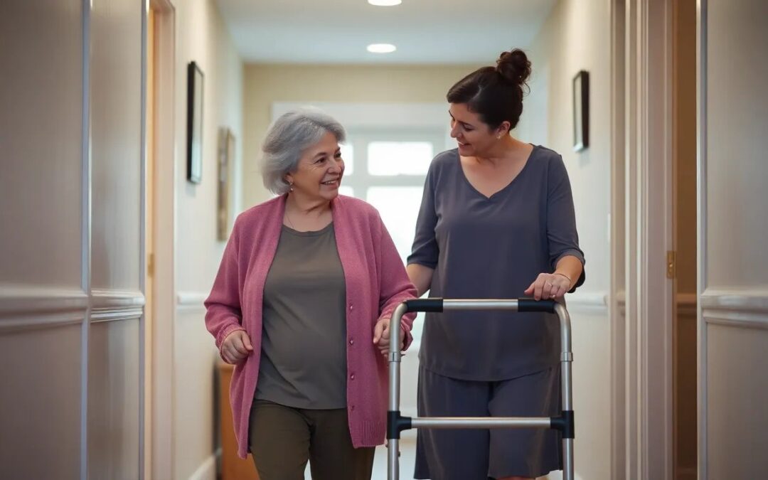 Elderly woman recovering at home with walker and daughter helping