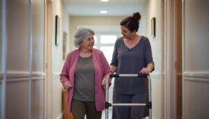 Elderly woman recovering at home with walker and daughter helping