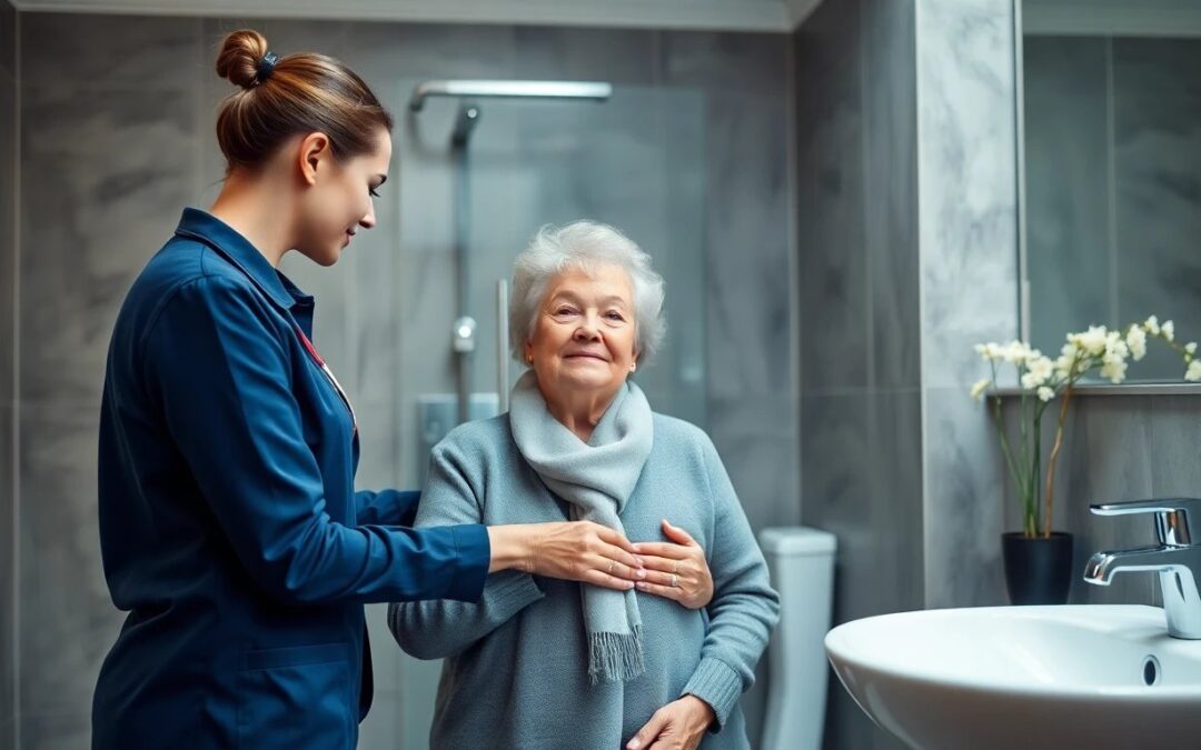 Personal support worker helping elderly woman at home