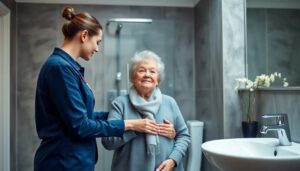 Personal support worker helping elderly woman at home