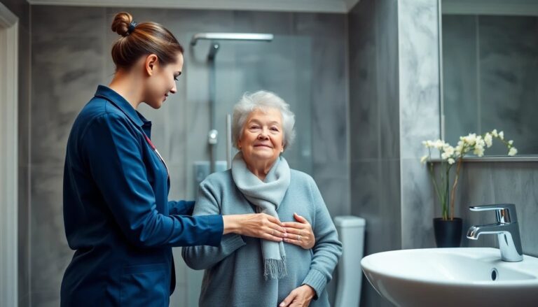 Personal support worker helping elderly woman at home