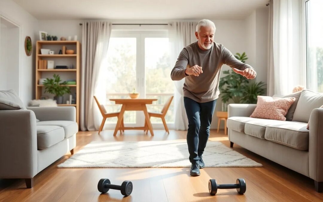 Senior couple doing light exercises in living room