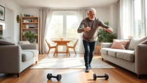 Senior couple doing light exercises in living room