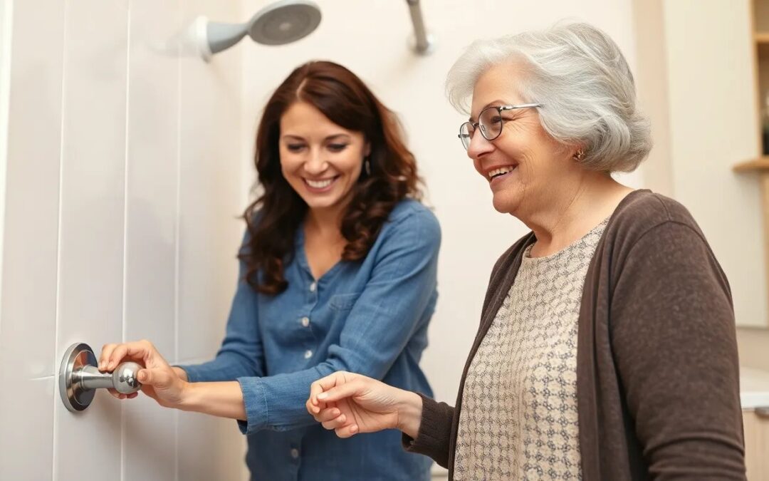 Adult daughter installing grab bar in bathroom for elderly mother