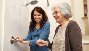 Adult daughter installing grab bar in bathroom for elderly mother