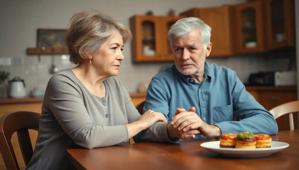 Woman sitting with confused husband at kitchen table