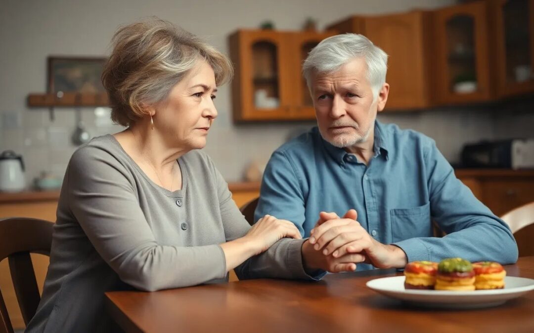 Woman sitting with confused husband at kitchen table
