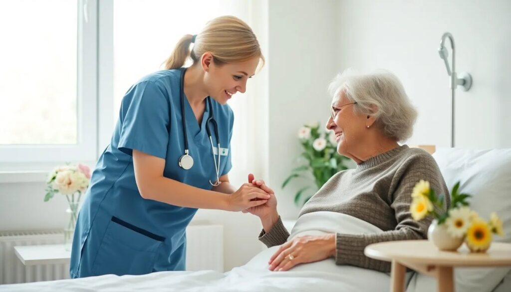 Nurse holding elderly patient hand in hospice care