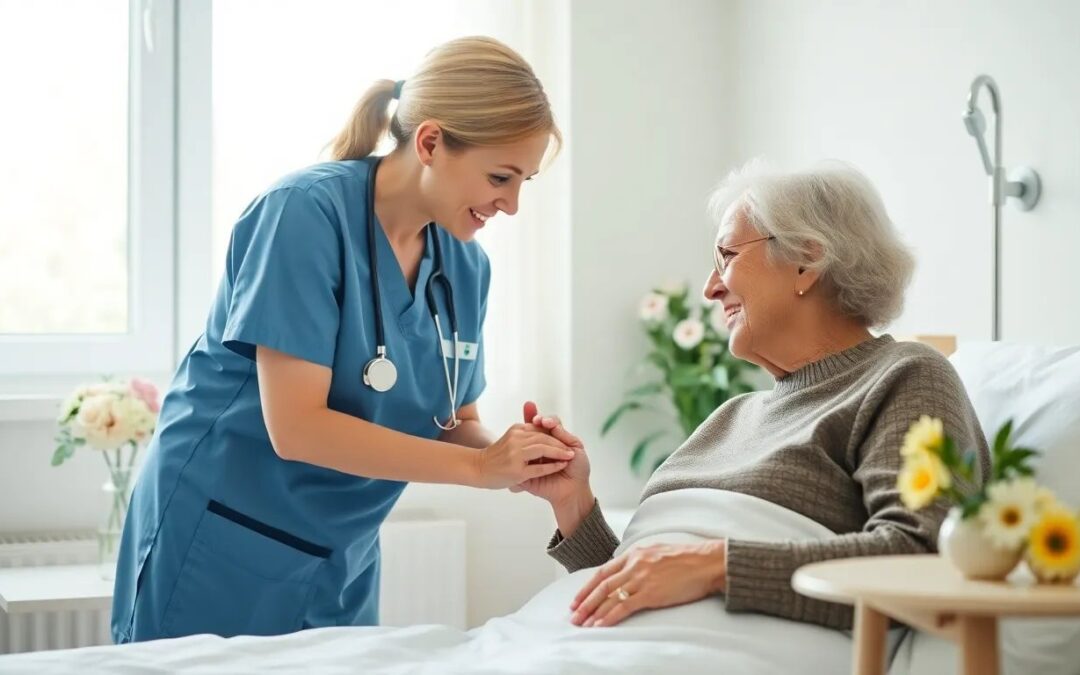 Nurse holding elderly patient hand in hospice care