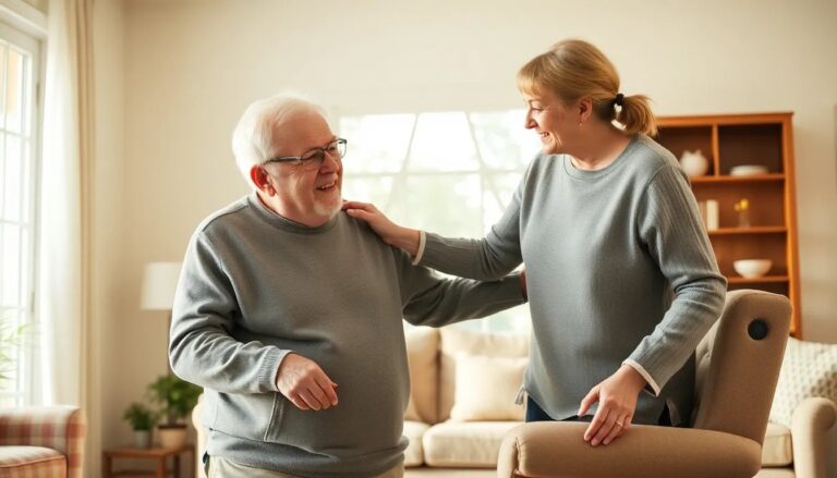 Live-in caregiver helping elderly man stand from armchair at home