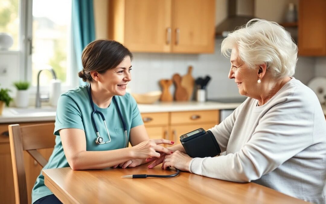 Nurse checking elderly patient blood pressure at home
