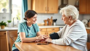 Nurse checking elderly patient blood pressure at home
