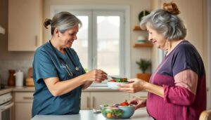 Home care worker helping elderly woman prepare lunch in bright kitchen