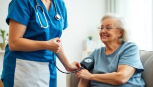 Professional nurse checking blood pressure of elderly woman at home