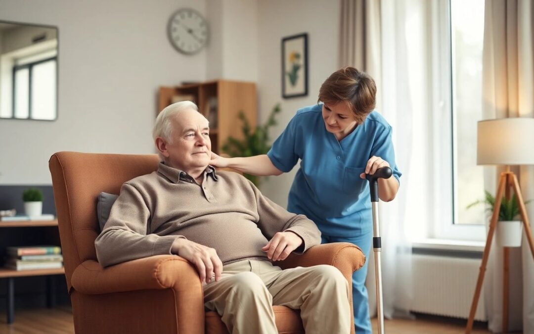 Elderly man recovering at home after surgery with caregiver