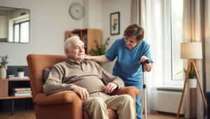 Elderly man recovering at home after surgery with caregiver