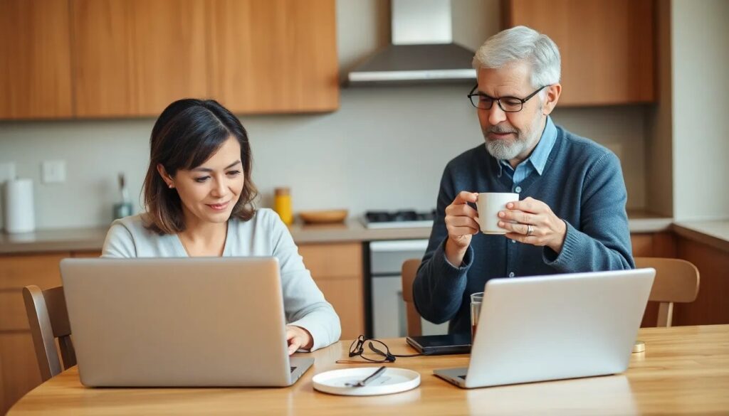 Professional woman on laptop with elderly parent nearby