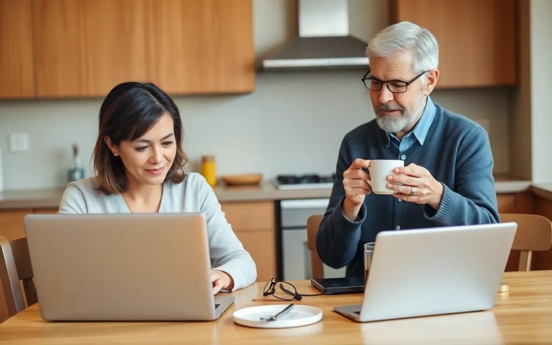 Professional woman on laptop with elderly parent nearby