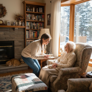 Caregiver bringing tea to elderly woman in a Canadian home - in-home respite care