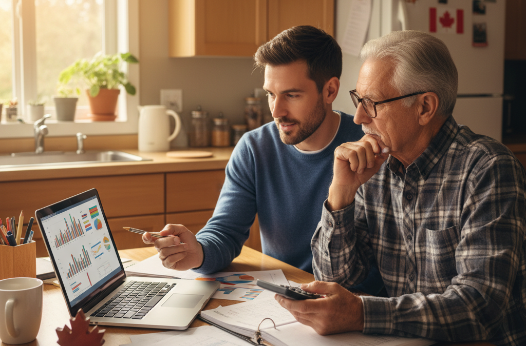 Adult son and elderly father discussing home care costs at kitchen table