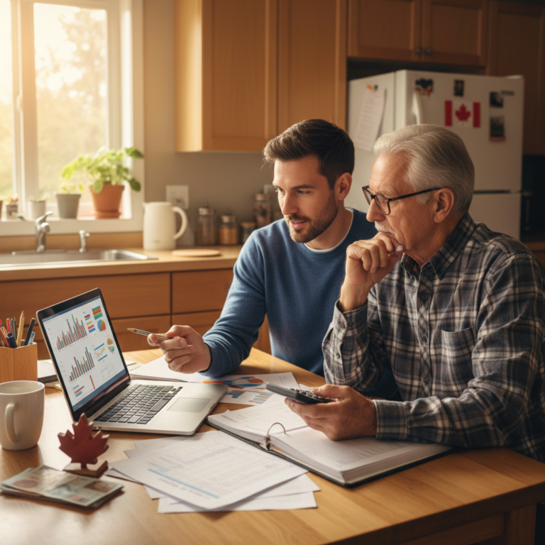 Adult son and elderly father discussing home care costs at kitchen table