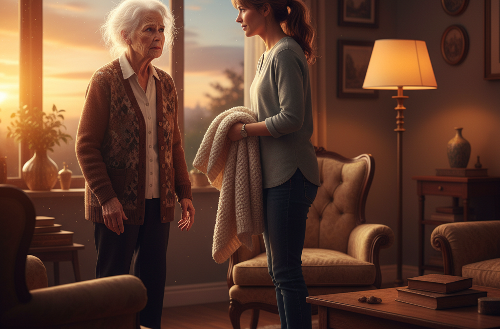 Elderly woman with dementia looking confused at dusk while daughter approaches