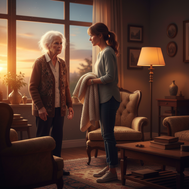 Elderly woman with dementia looking confused at dusk while daughter approaches